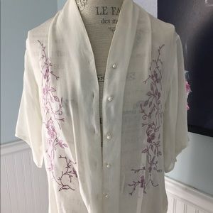 Sheer embroidered blouse with pearl buttons